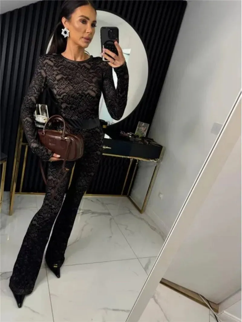 Lace Print Long Sleeve Two Layer Jumpsuits