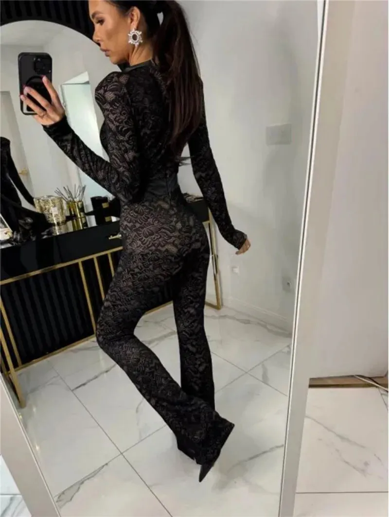 Lace Print Long Sleeve Two Layer Jumpsuits