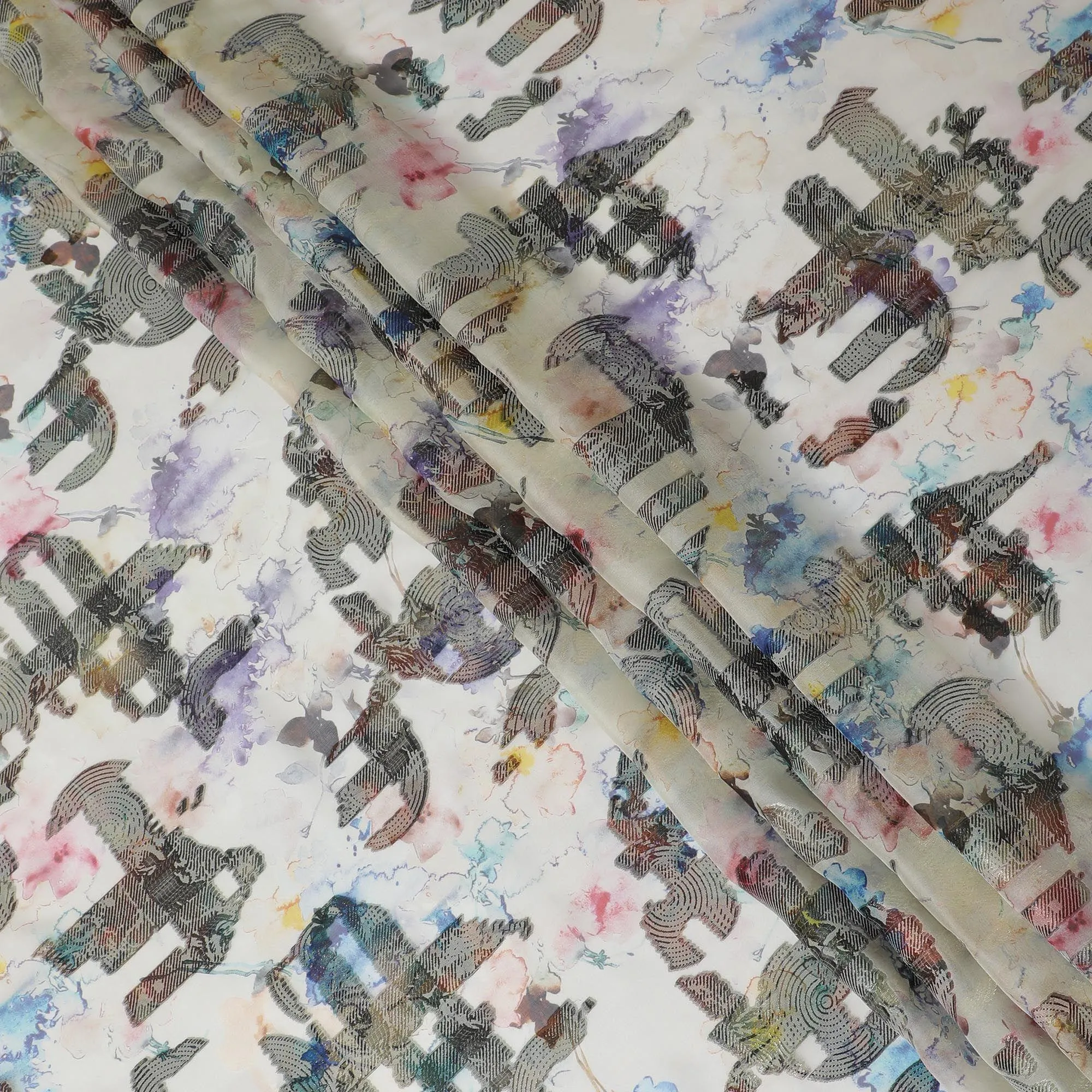 Light beige premium pure silk chiffon fabric with multicolor print and metallic lurex in Abstract design-D13731