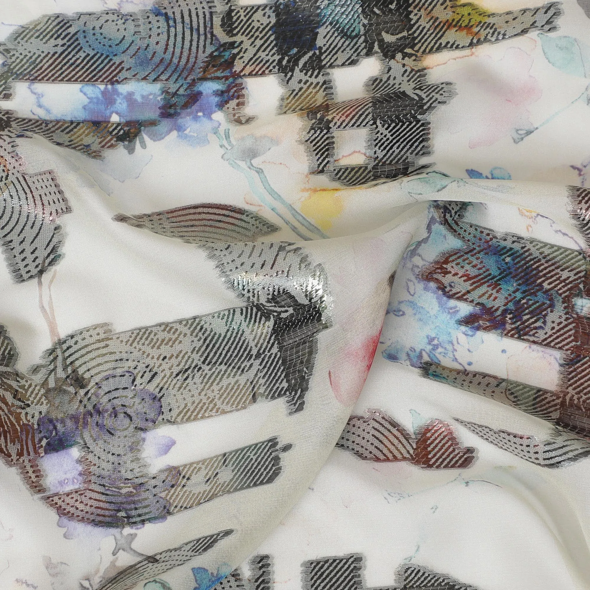 Light beige premium pure silk chiffon fabric with multicolor print and metallic lurex in Abstract design-D13731