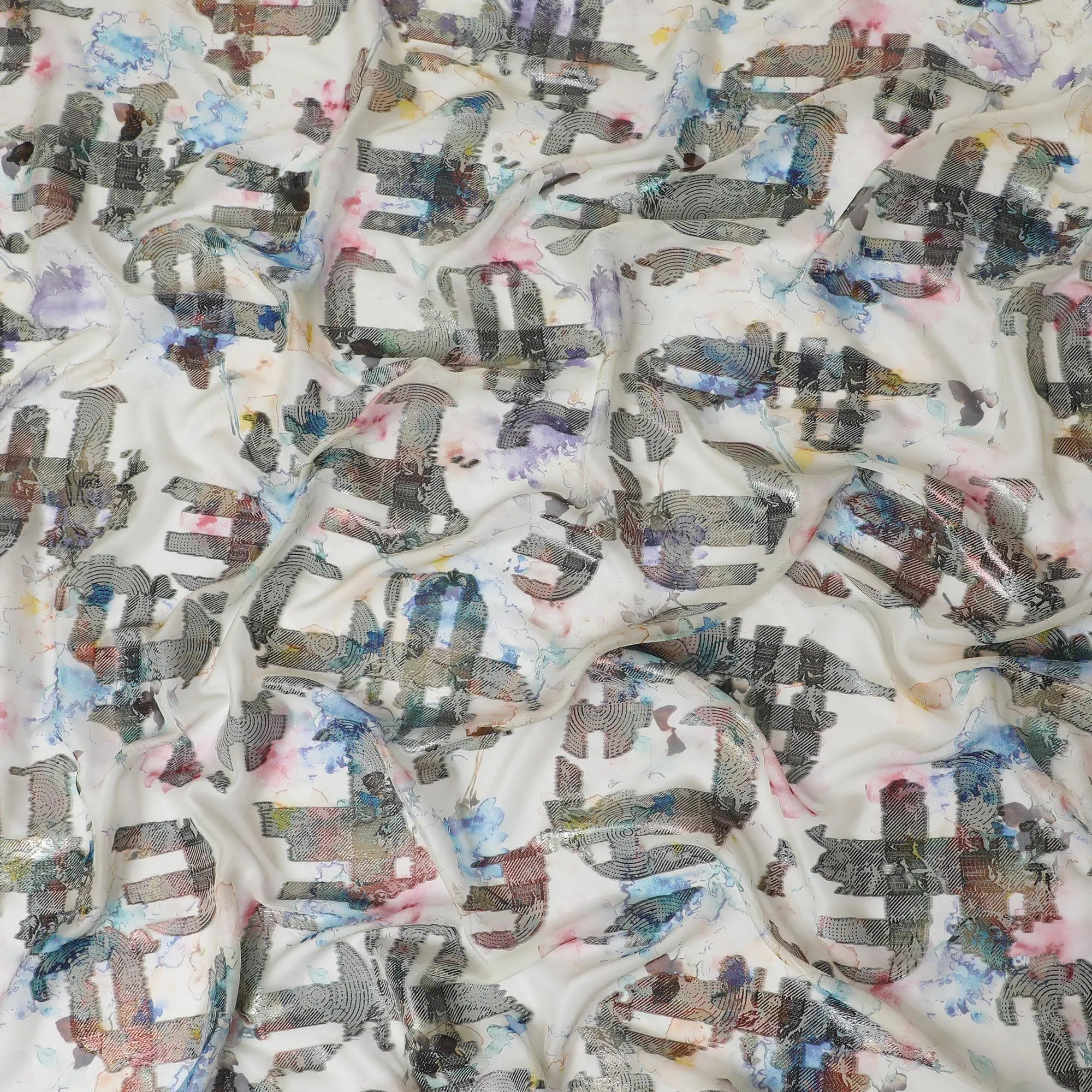 Light beige premium pure silk chiffon fabric with multicolor print and metallic lurex in Abstract design-D13731