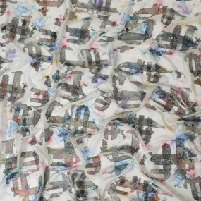 Light beige premium pure silk chiffon fabric with multicolor print and metallic lurex in Abstract design-D13731