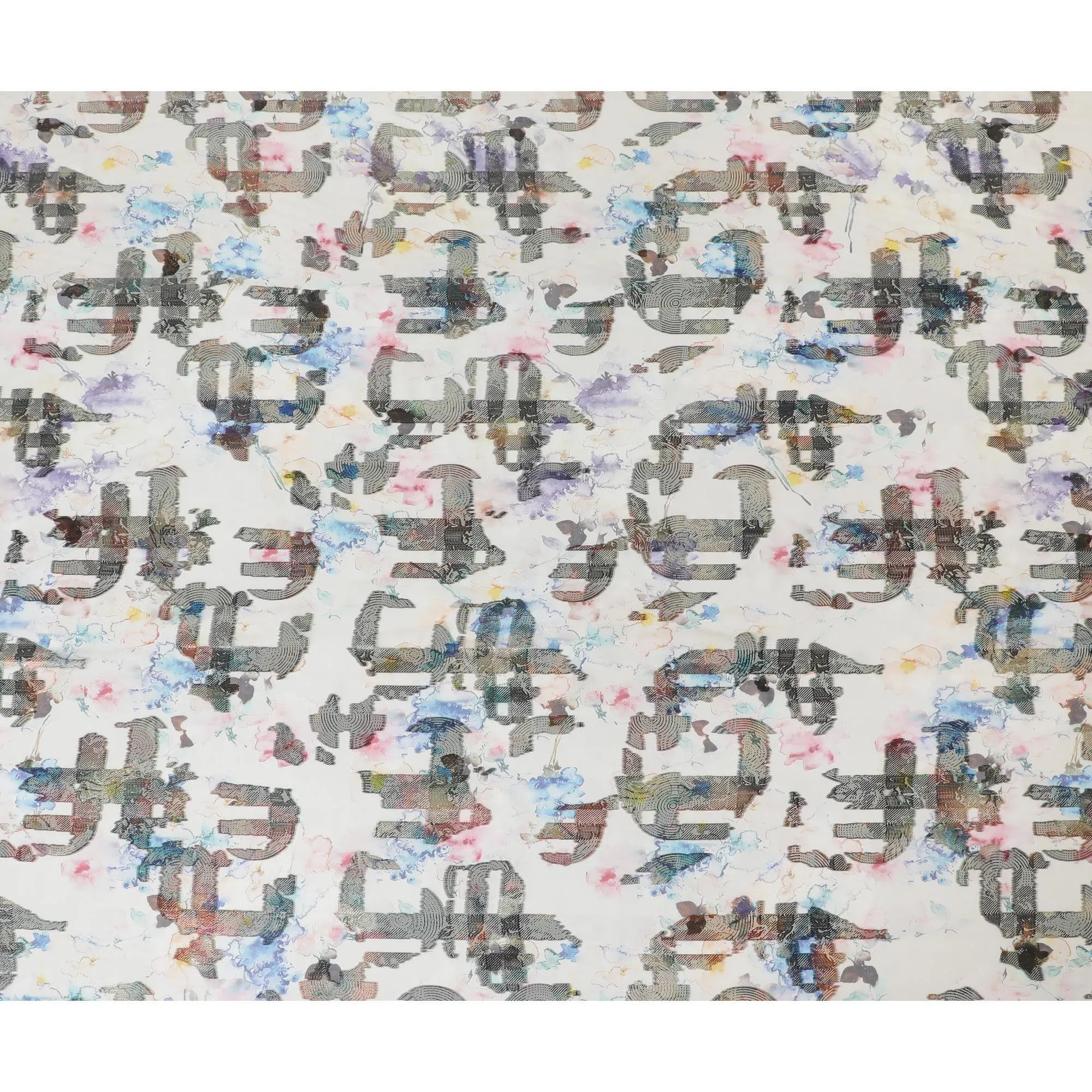 Light beige premium pure silk chiffon fabric with multicolor print and metallic lurex in Abstract design-D13731