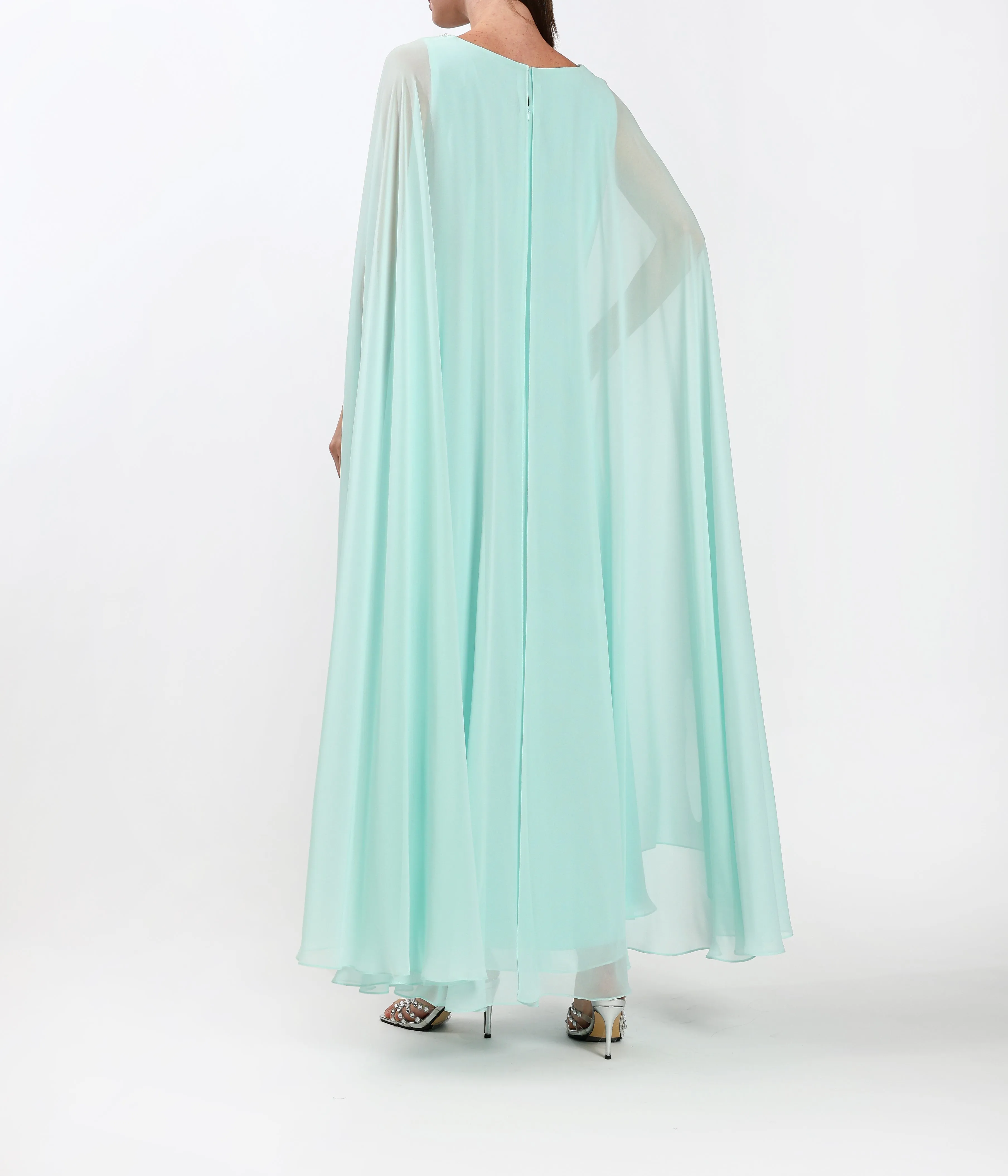 Light Chiffon Dress With Continuous Hand Cape And Handmade Embellishments
