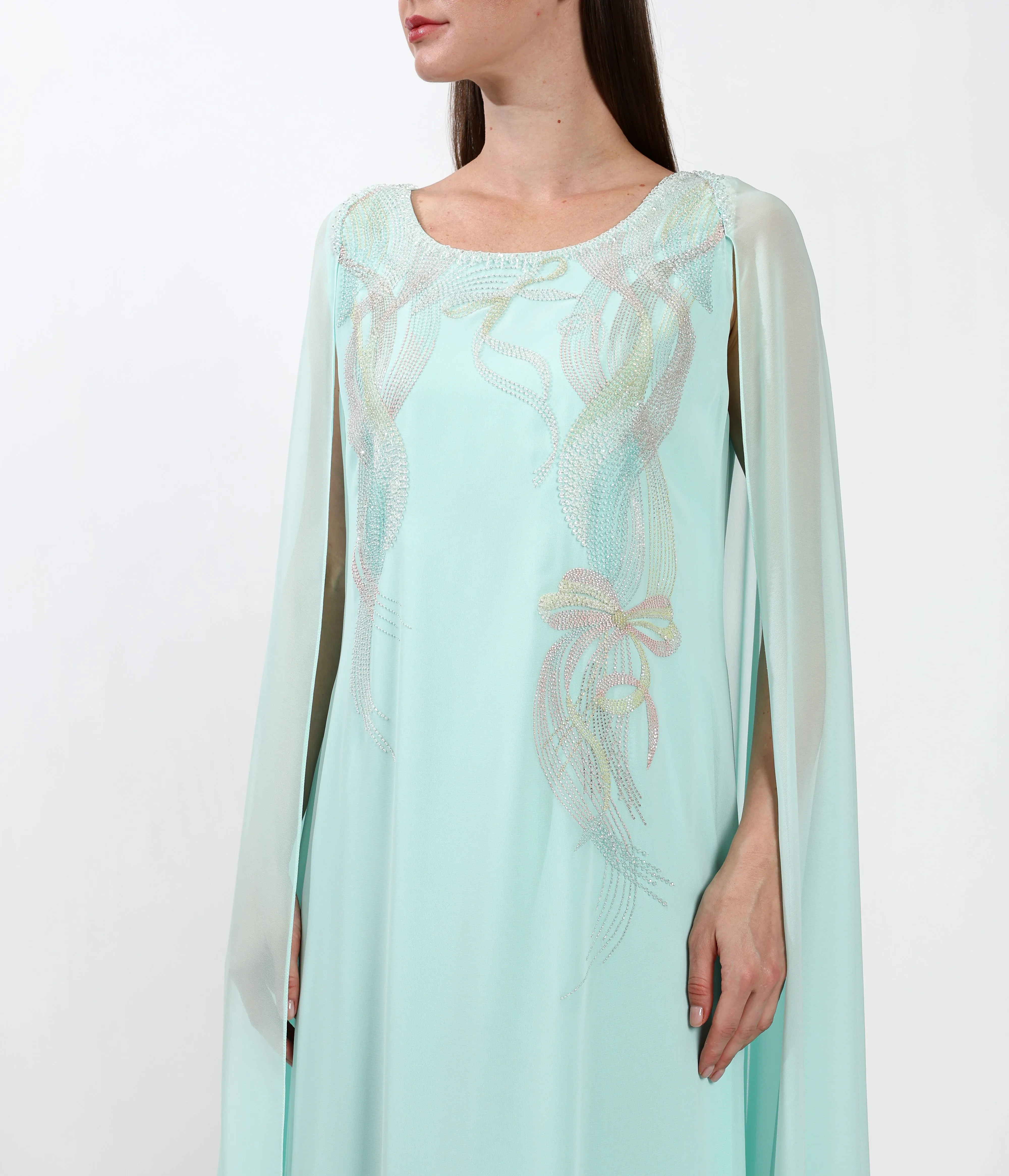 Light Chiffon Dress With Continuous Hand Cape And Handmade Embellishments