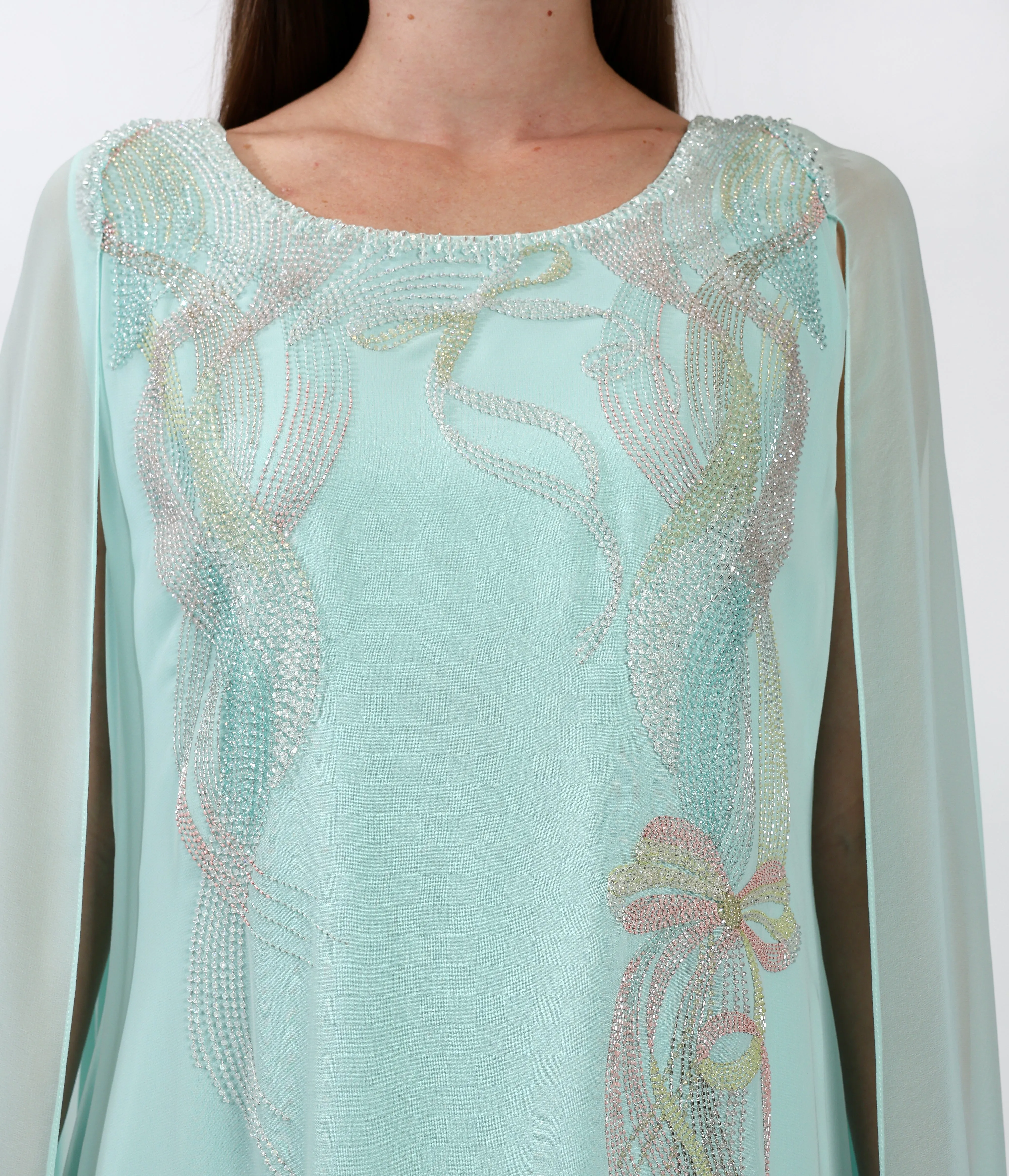 Light Chiffon Dress With Continuous Hand Cape And Handmade Embellishments