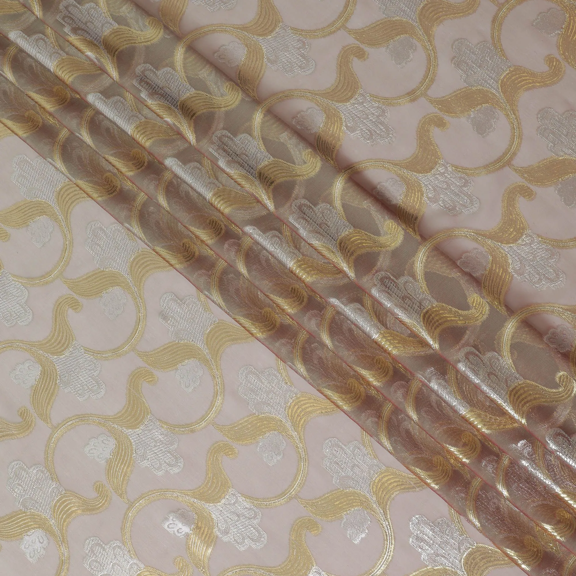 Light olive, onion pink Premium pure silk chiffon fabric with gold and silver metallic lurex in floral design-D16450