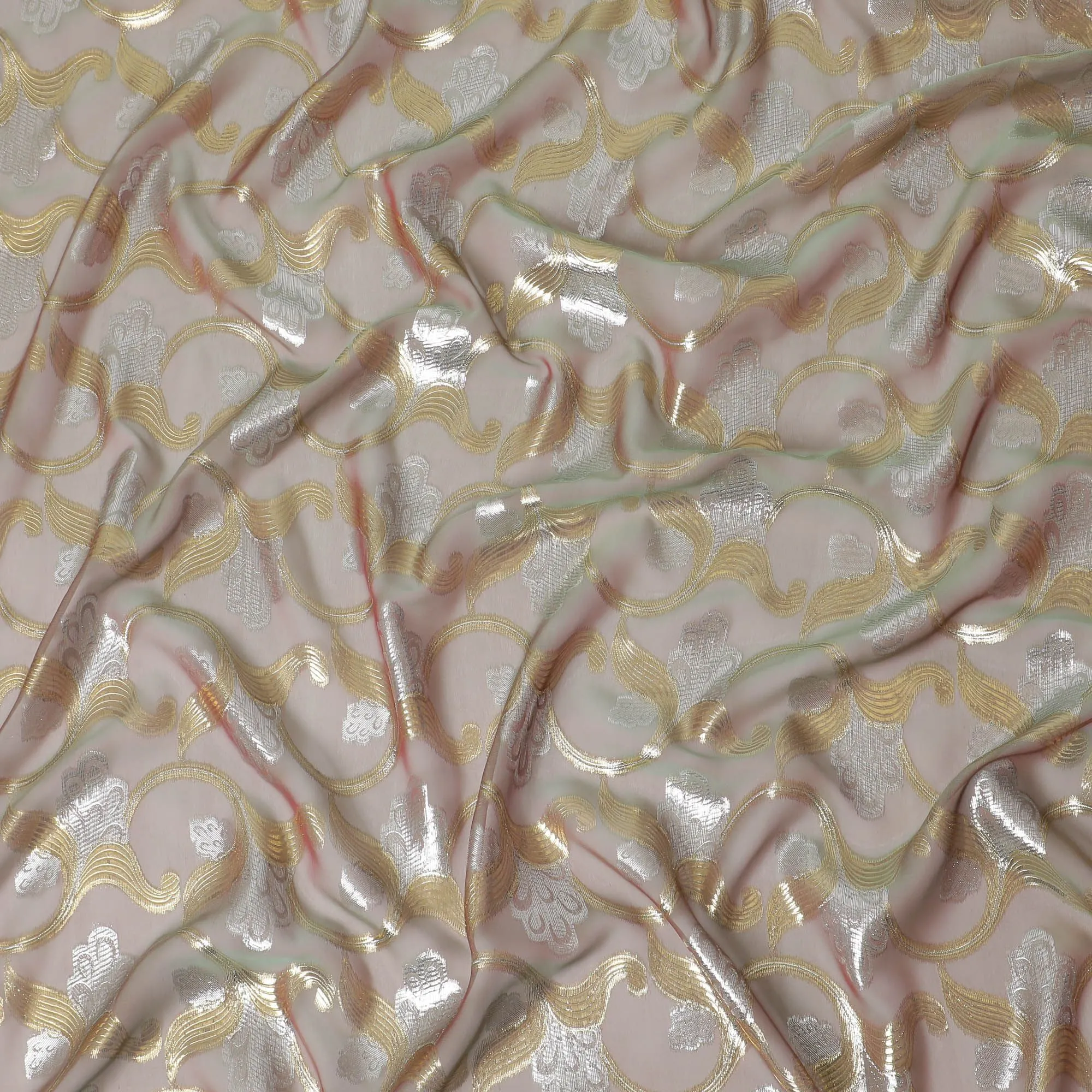 Light olive, onion pink Premium pure silk chiffon fabric with gold and silver metallic lurex in floral design-D16450