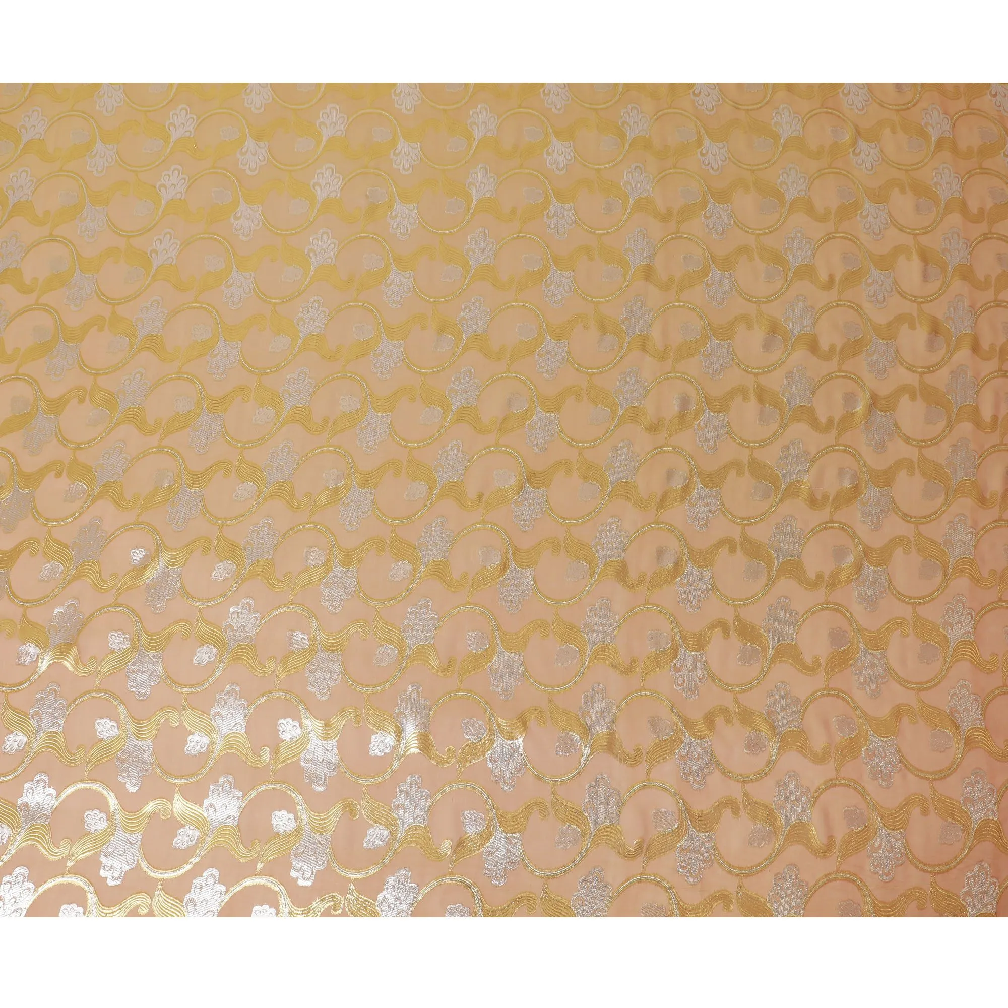 Light orange Premium pure silk chiffon fabric with gold and silver metallic lurex in floral design-D16451