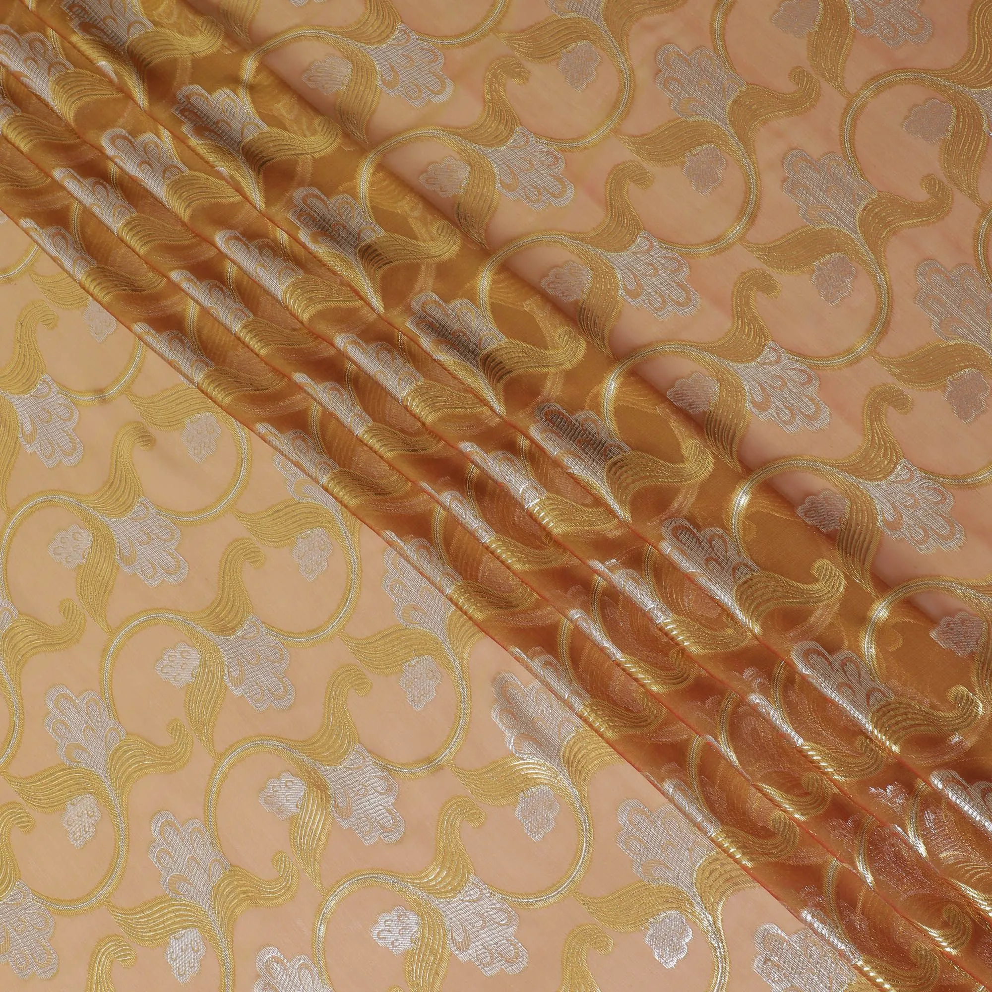 Light orange Premium pure silk chiffon fabric with gold and silver metallic lurex in floral design-D16451