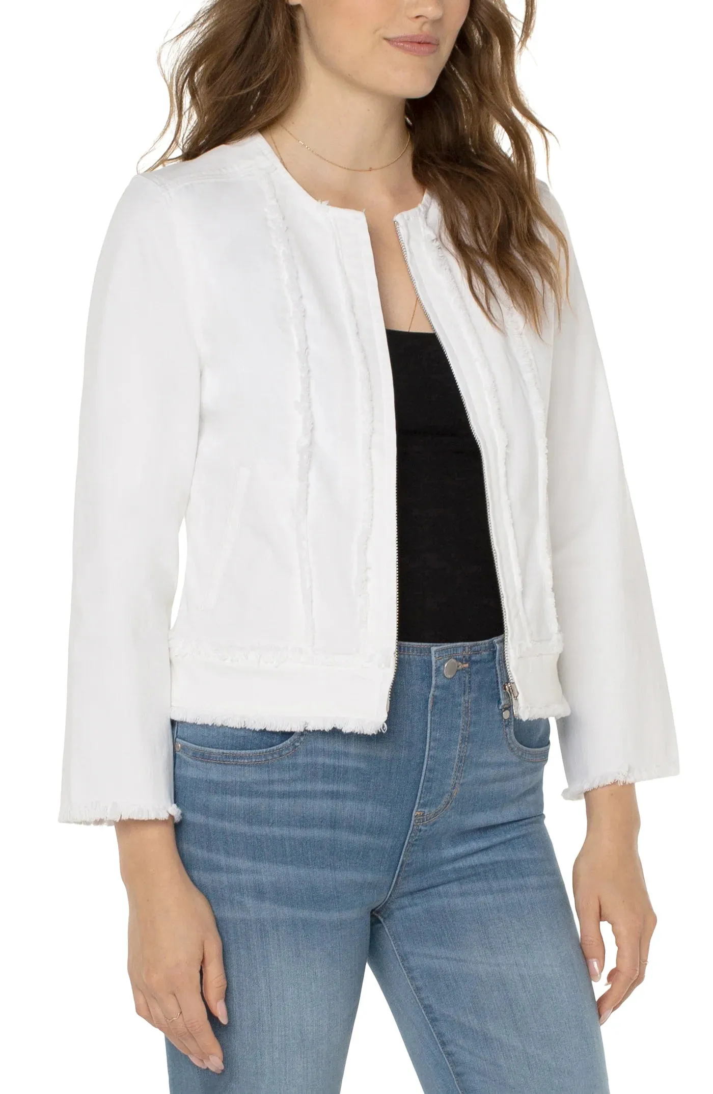 LIVERPOOL LM1022QY-W FRAYED ZIP DENIM JACKET