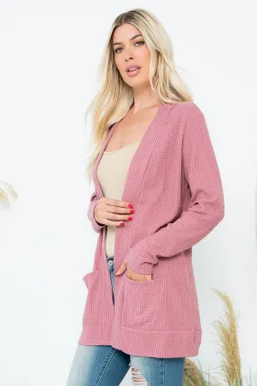 Long Sleeve Waffle Print Cozy Cardigan - Mauve