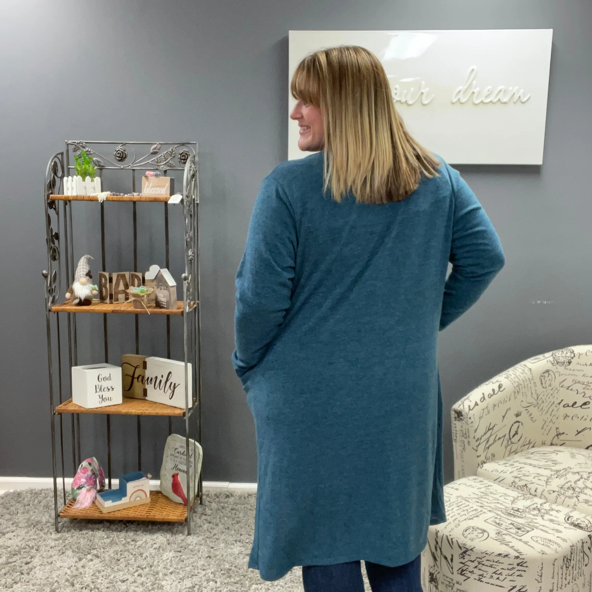 Long Teal Cardigan with Faux Buttons