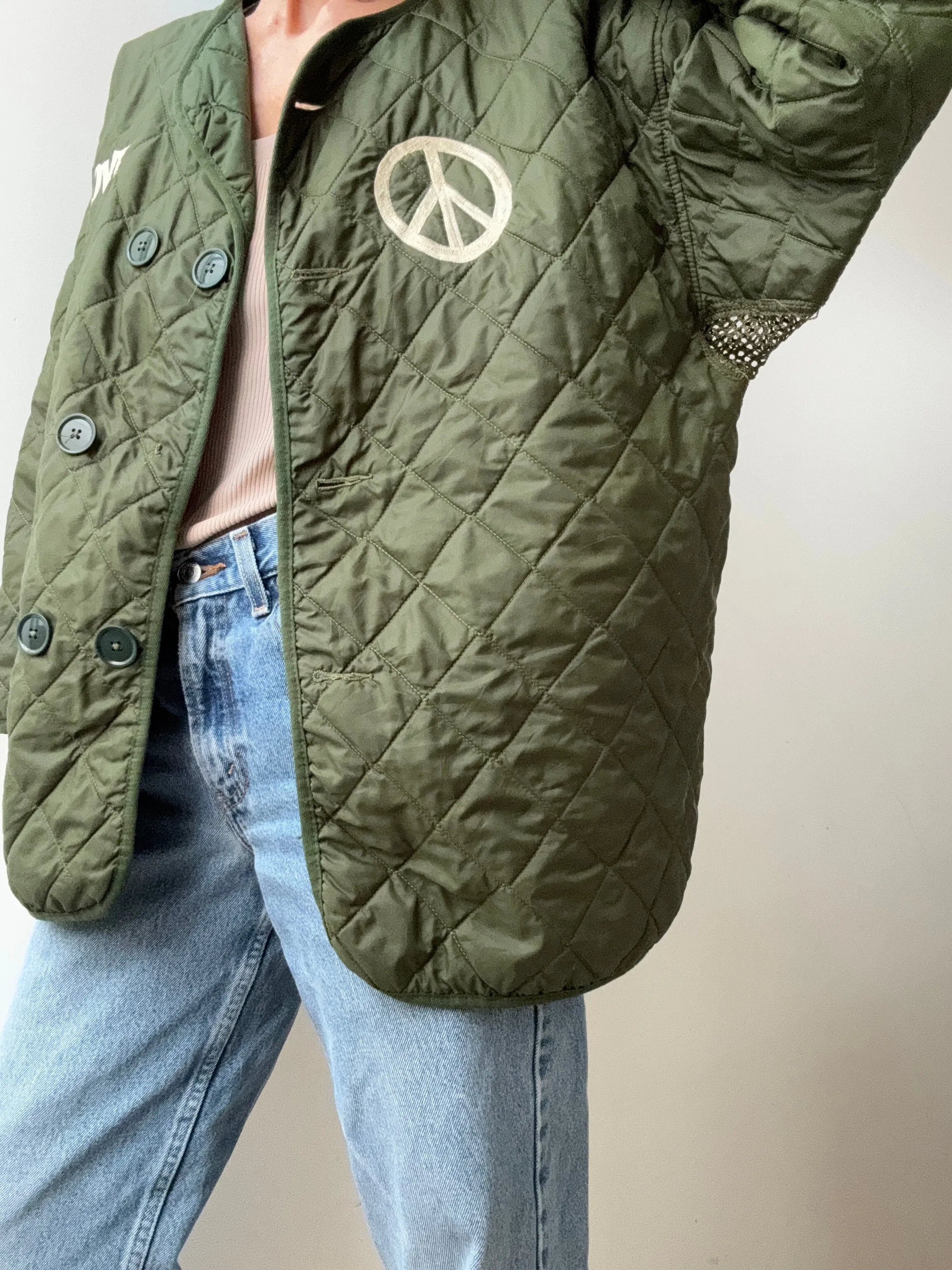 Love Peace Quilted Embroidered Jacket Green