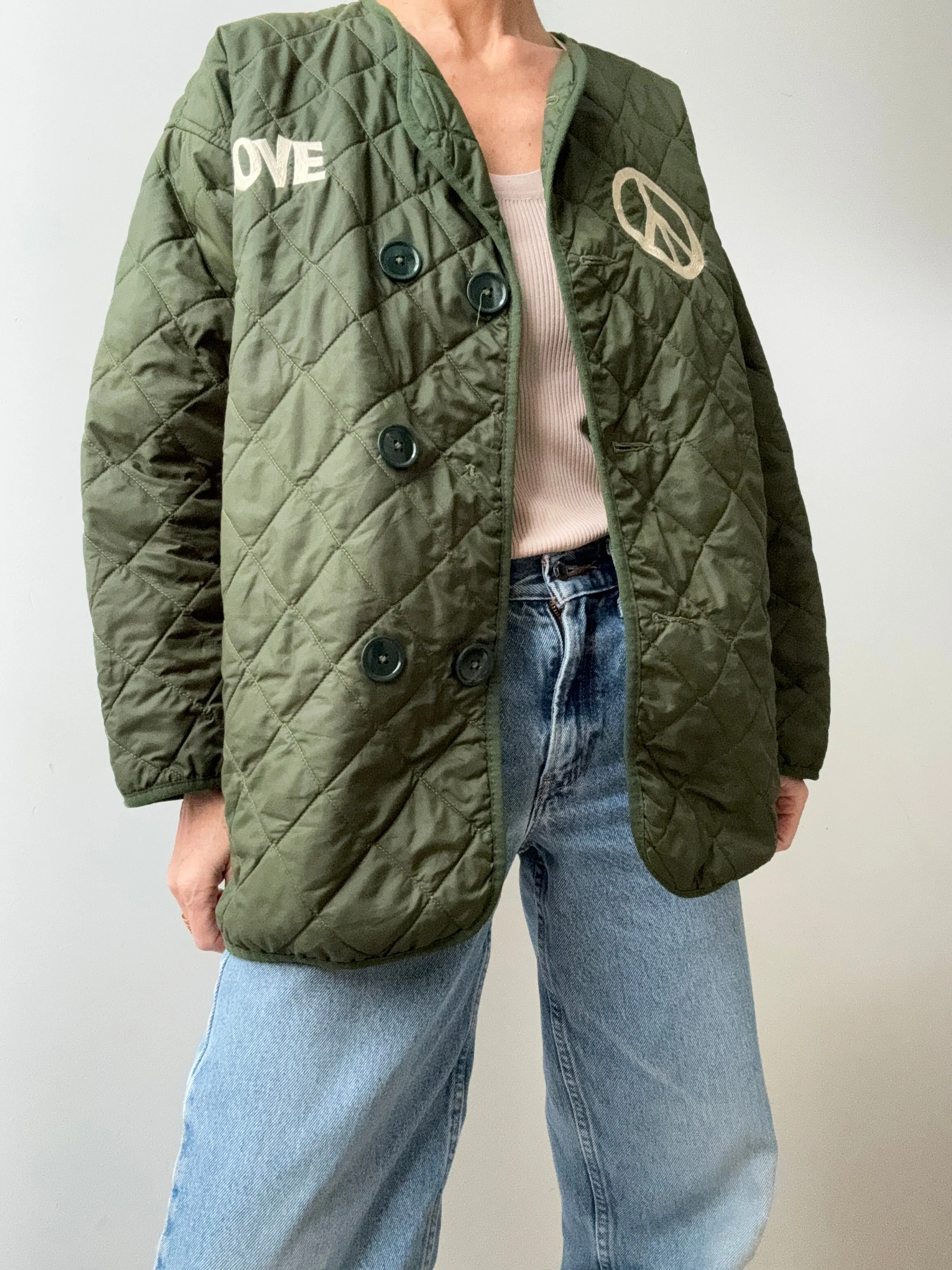 Love Peace Quilted Embroidered Jacket Green