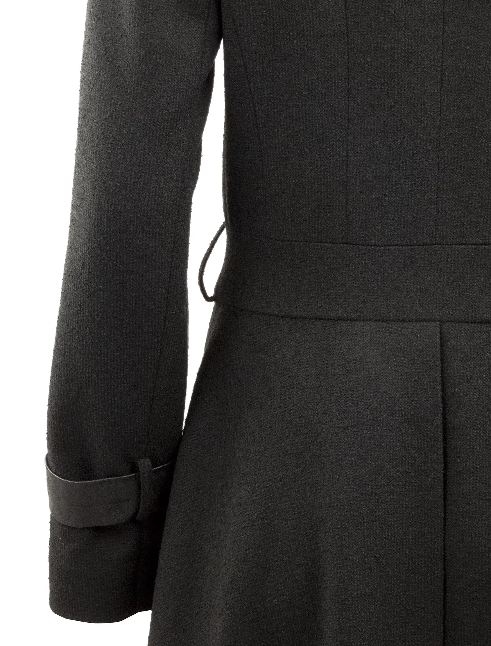 Low Double Breasted Wool Coat with Leather Detailing