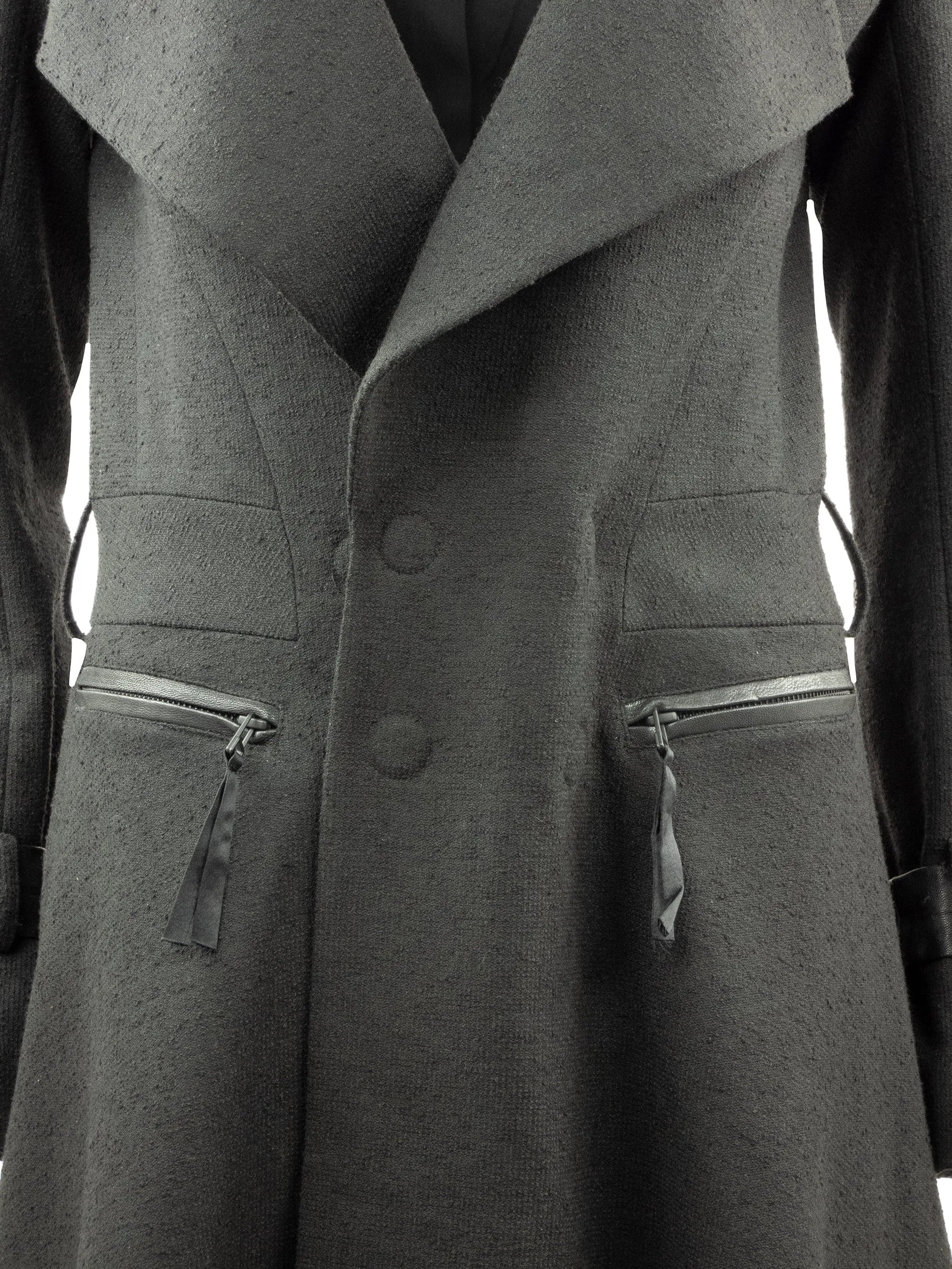 Low Double Breasted Wool Coat with Leather Detailing