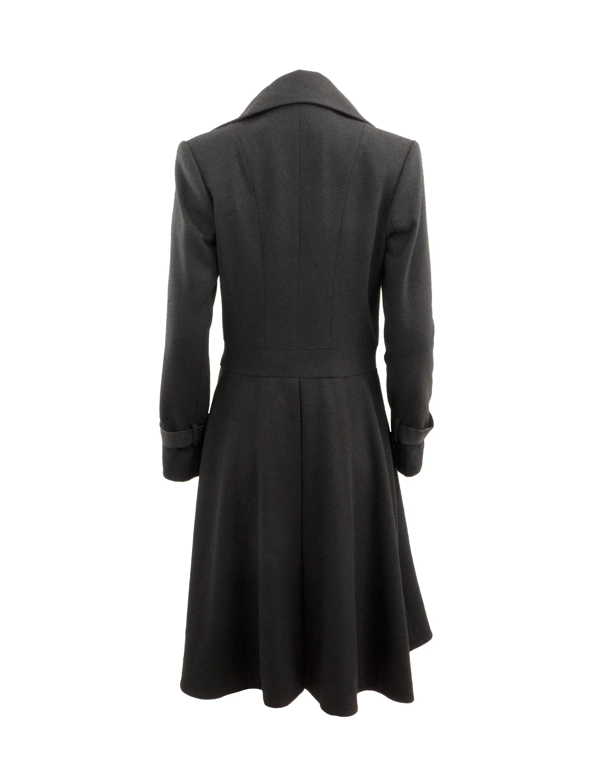 Low Double Breasted Wool Coat with Leather Detailing