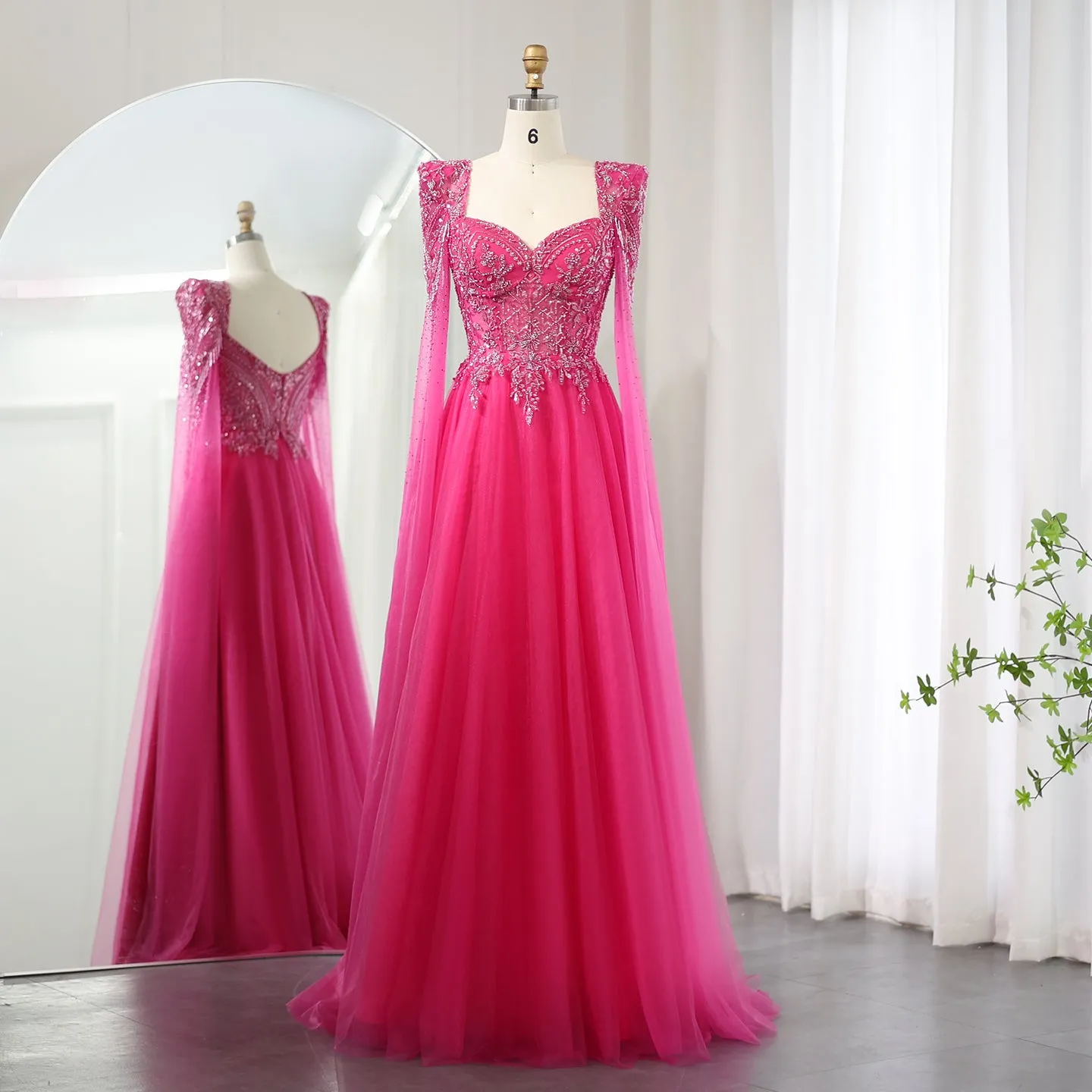 Luxury Beaded Fuchsia Evening Dress with Cape Sleeves SS242