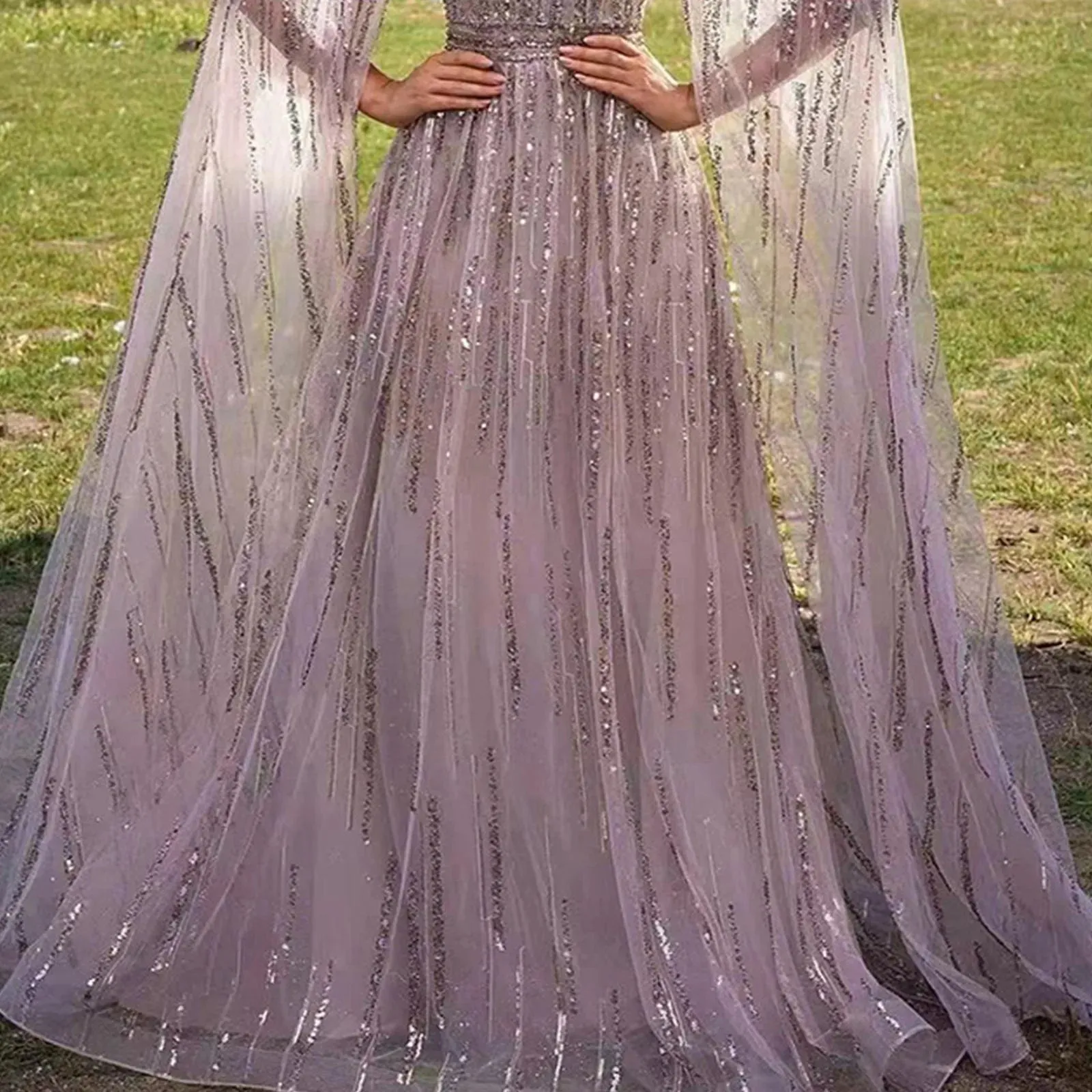 Luxury Nude Evening Halter Long Cape Sleeve Party Sequin Hollow Out A-Line Big Swing Waist Retraction Prom Dress