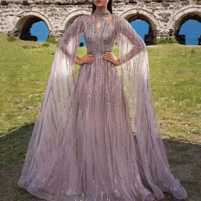 Luxury Nude Evening Halter Long Cape Sleeve Party Sequin Hollow Out A-Line Big Swing Waist Retraction Prom Dress