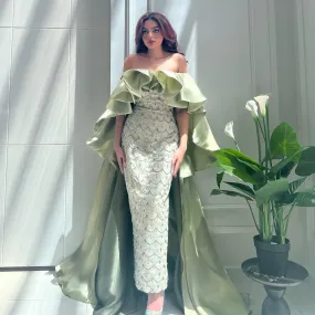 Luxury Sage Green Strapless Evening Dress with Cape SS383