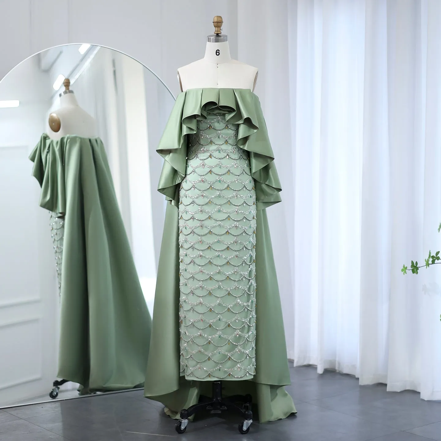 Luxury Sage Green Strapless Evening Dress with Cape SS383
