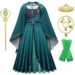 Magical Teal Cape Dress Halloween cosplay costumes Girls' pure cotton long sleeved princess dress Carnival Birthday Banquet Stage Performance Dress