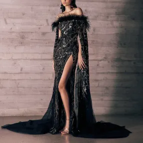 Magnetic Long Cape Sleeves Tulle Dress