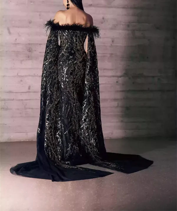 Magnetic Long Cape Sleeves Tulle Dress