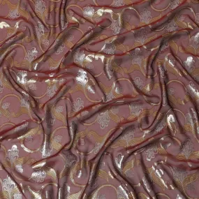 Maroon Premium pure silk chiffon fabric with gold and silver metallic lurex in floral design-D16452