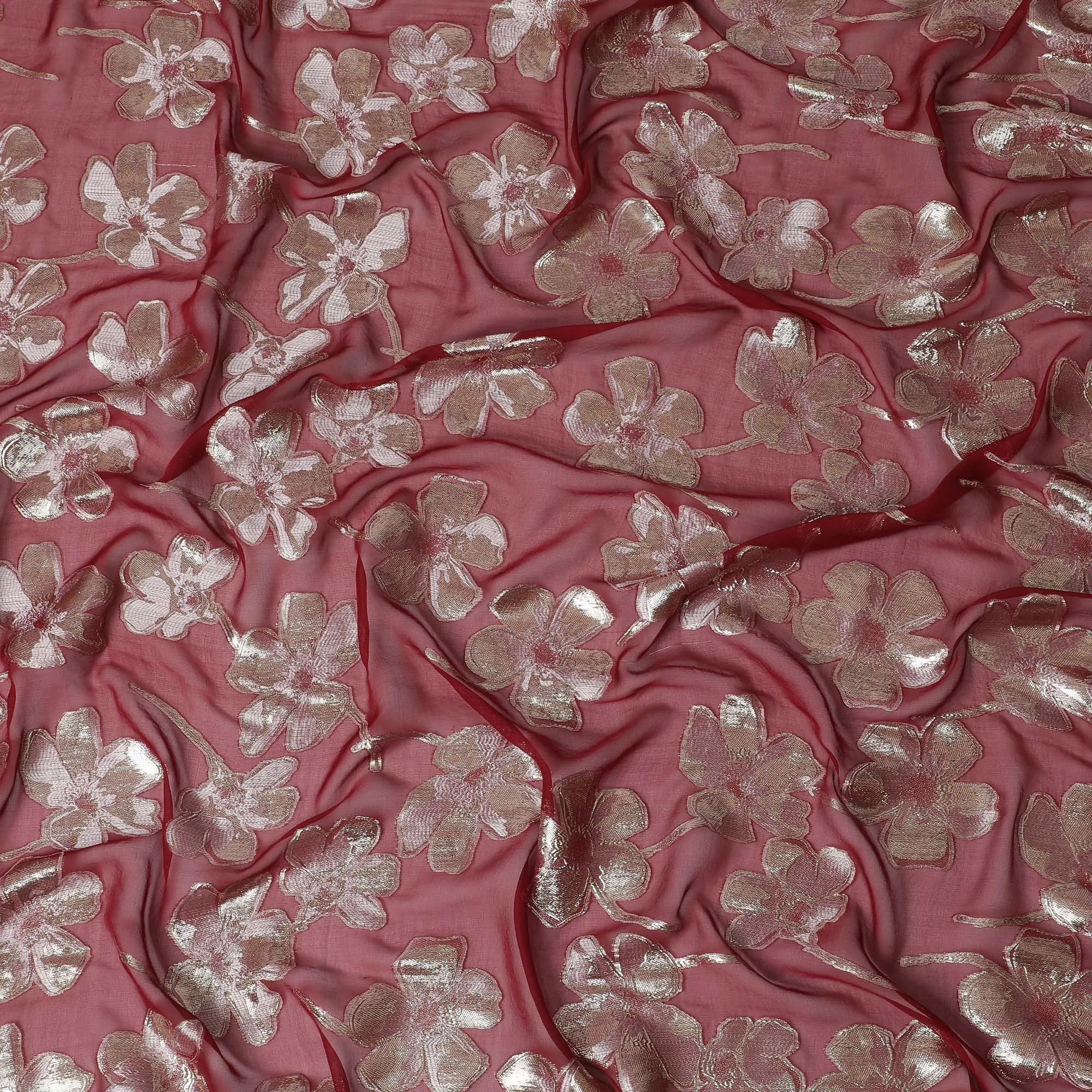 Maroon Premium pure silk chiffon fabric with same tone viscose having gold and silver metallic lurex in floral design-D17236