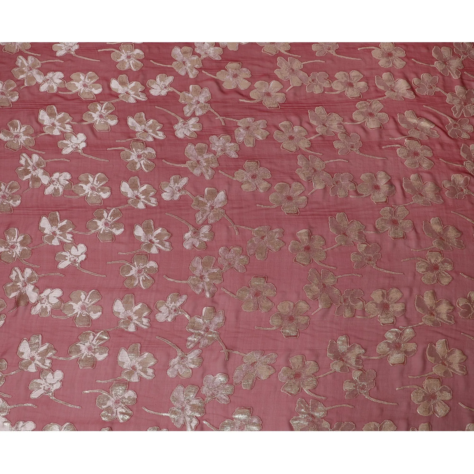 Maroon Premium pure silk chiffon fabric with same tone viscose having gold and silver metallic lurex in floral design-D17236