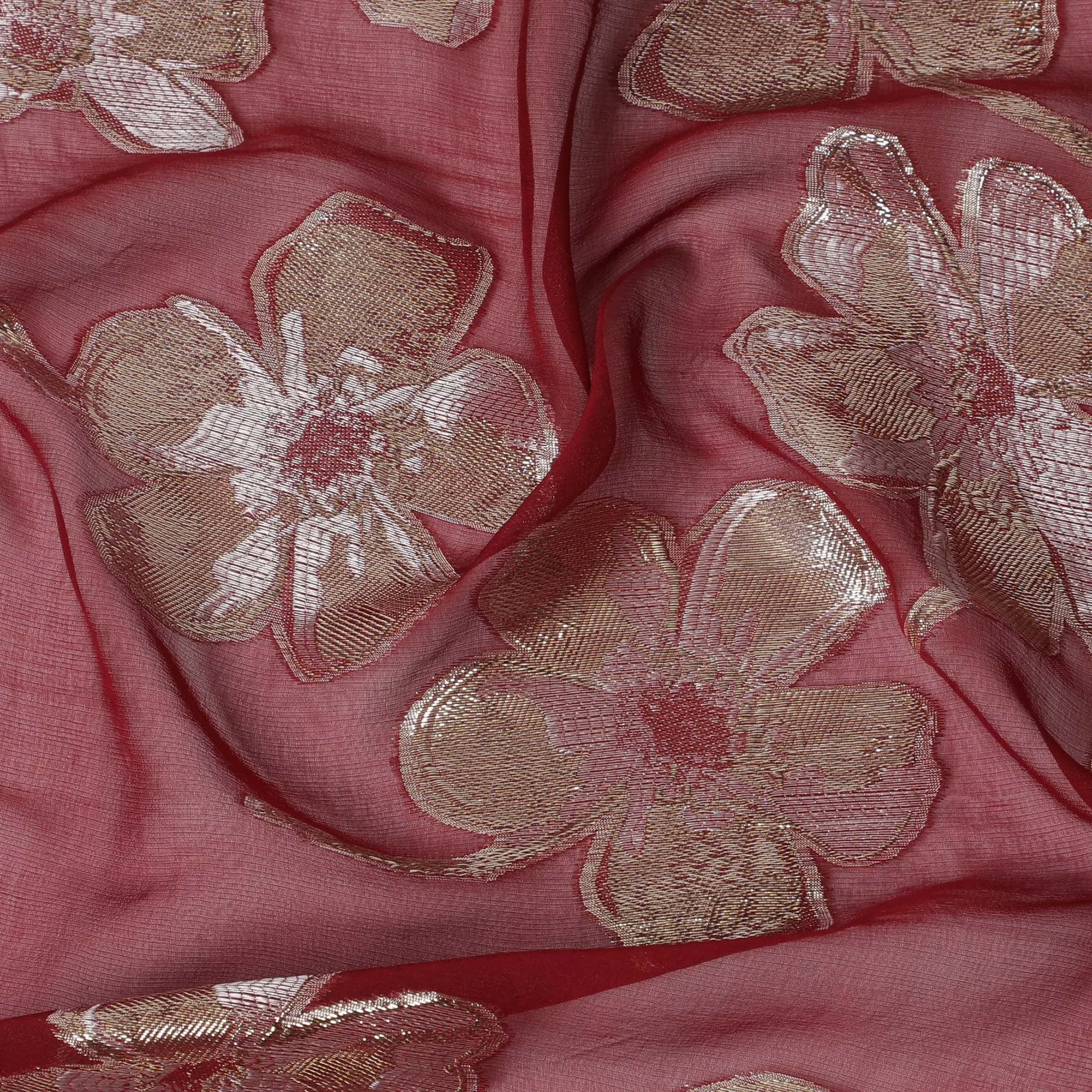 Maroon Premium pure silk chiffon fabric with same tone viscose having gold and silver metallic lurex in floral design-D17236