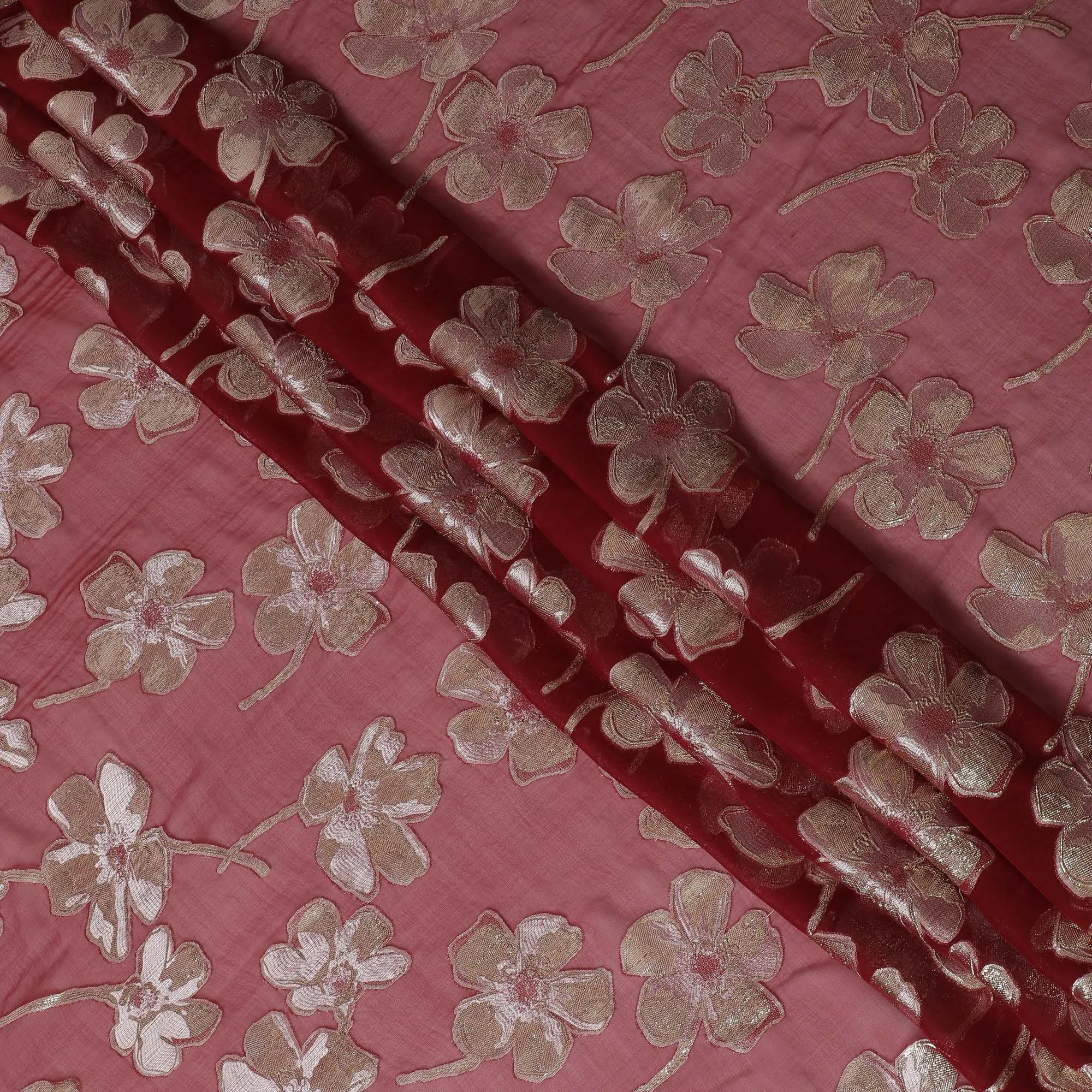 Maroon Premium pure silk chiffon fabric with same tone viscose having gold and silver metallic lurex in floral design-D17236