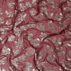 Maroon Premium pure silk chiffon fabric with same tone viscose having gold and silver metallic lurex in floral design-D17236