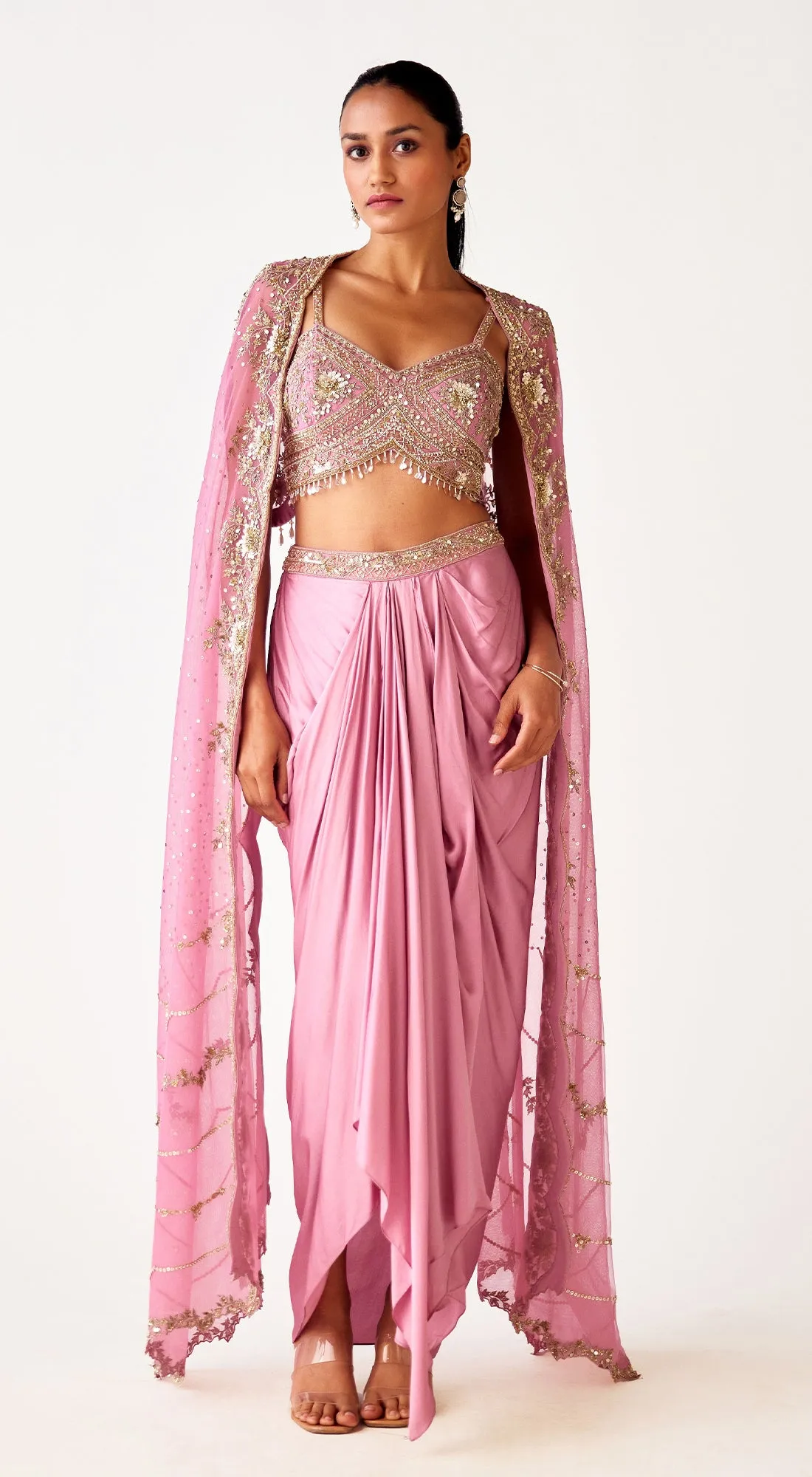 Mauve Embroidered Cape Set With Draped Skirt