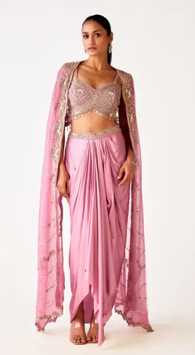 Mauve Embroidered Cape Set With Draped Skirt