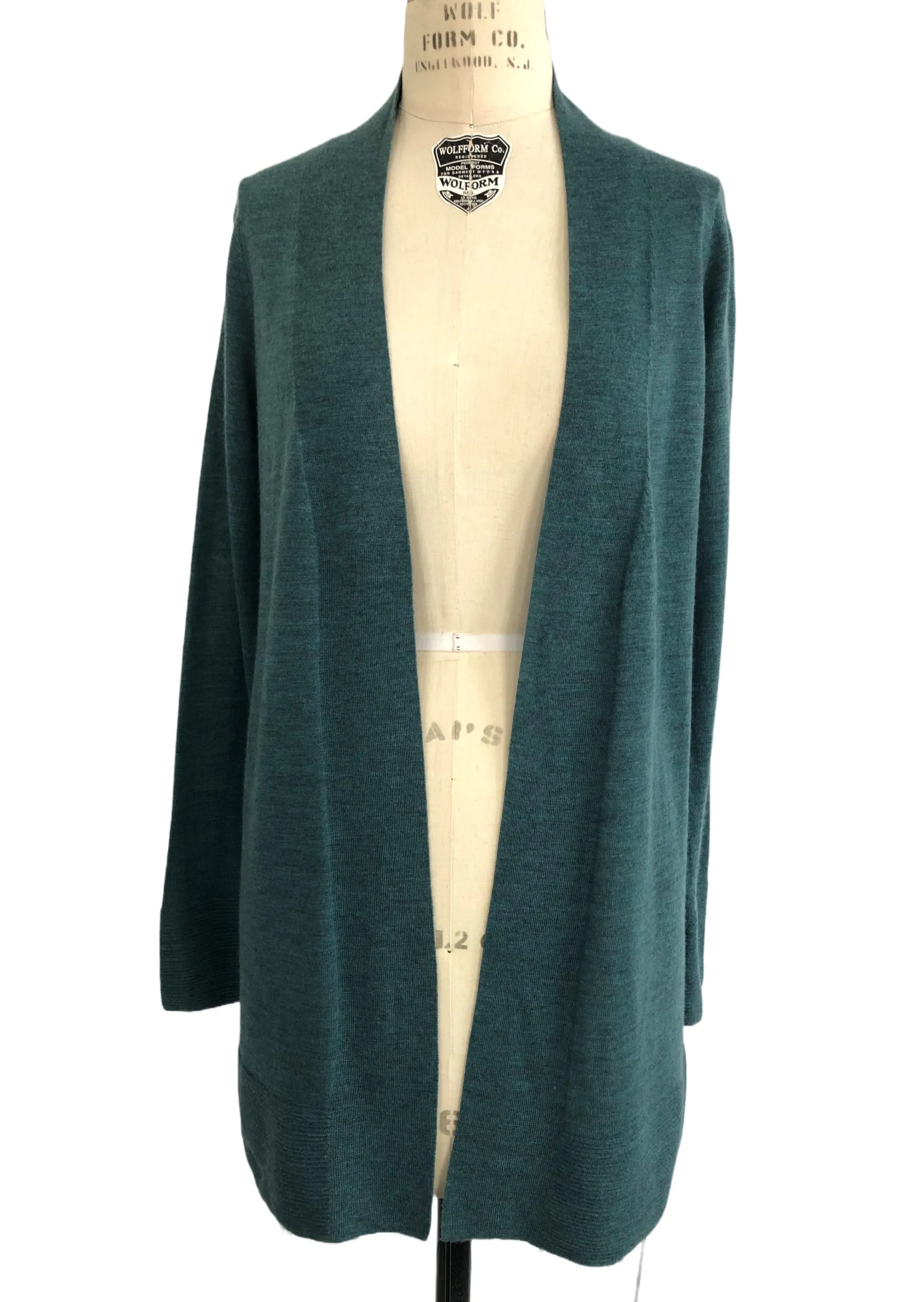 MAX STUDIO Women's teal merino wool 3/4 length open cardigan, S