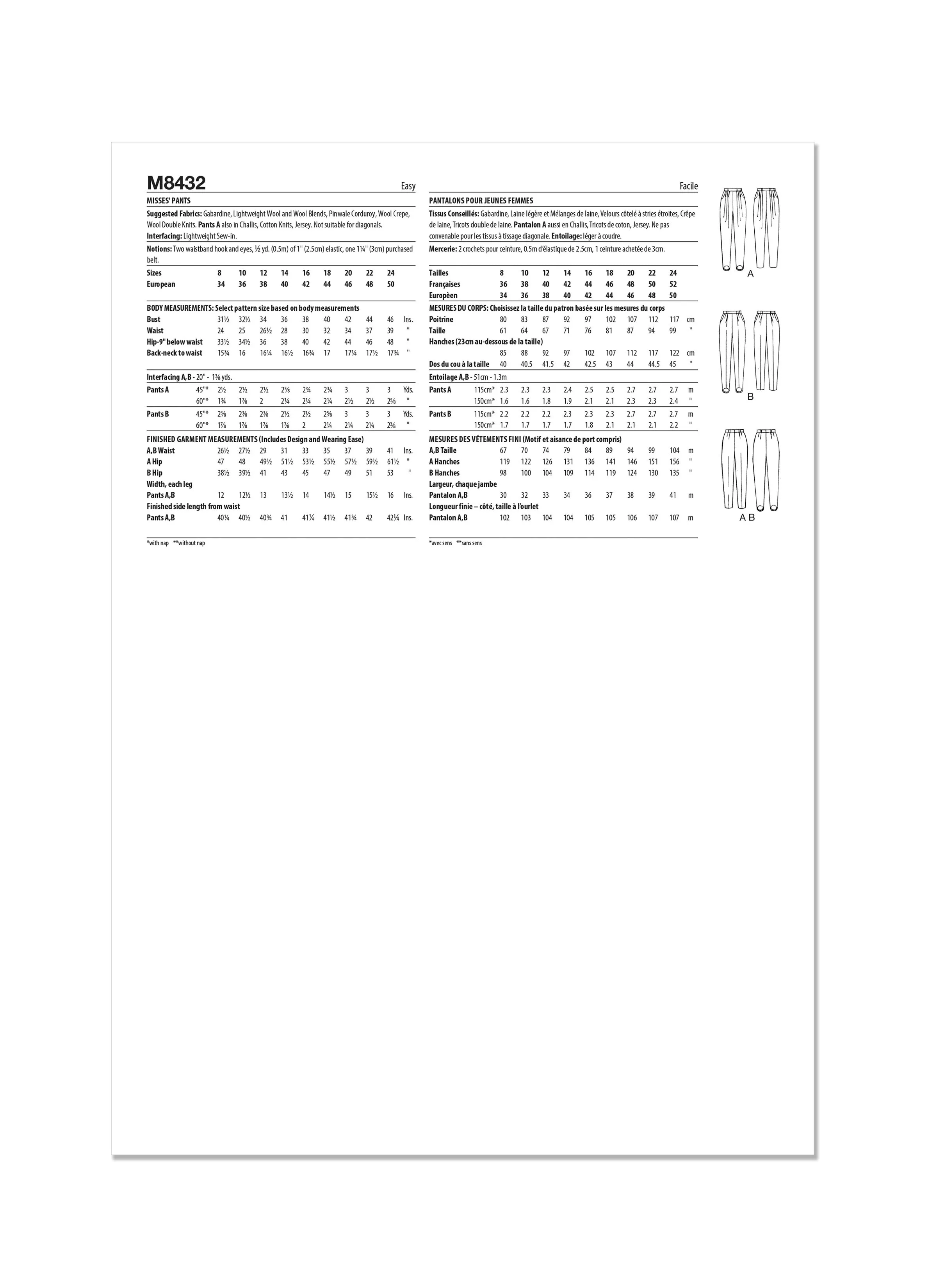 McCall's sewing pattern M8432 Misses' Pants