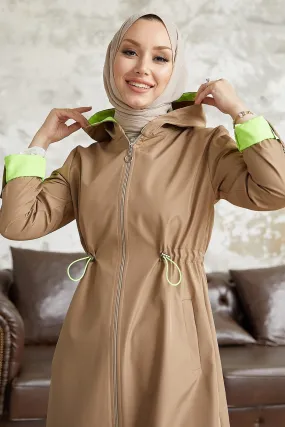 MDS Women Waist Gathered Hooded Neon Trench Coat - Beige \ Green - Bossier City