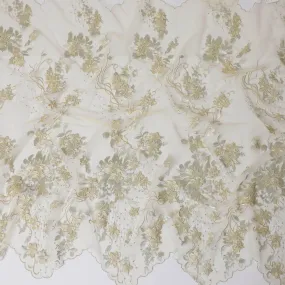 Mellow yellow nylon tulle fabric with gold and silver embroidery in floral design-D11772