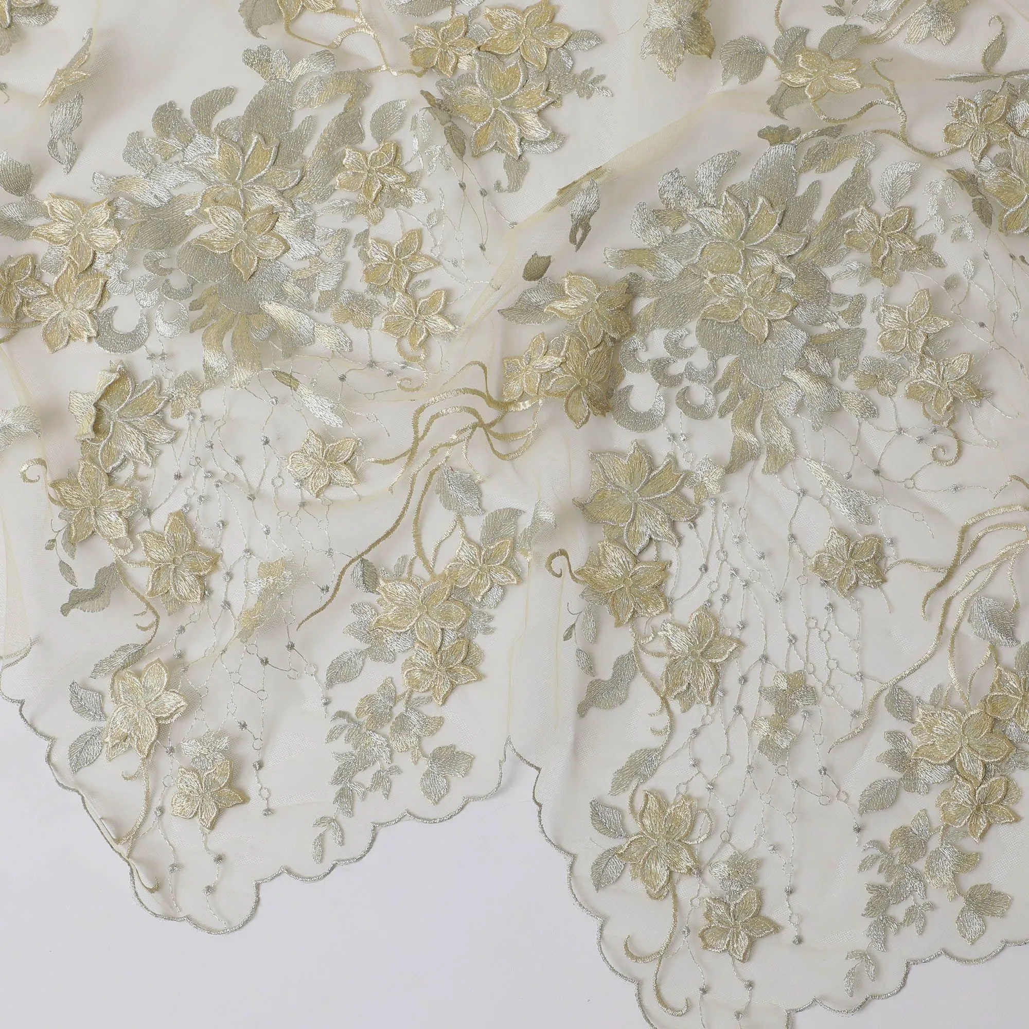 Mellow yellow nylon tulle fabric with gold and silver embroidery in floral design-D11772