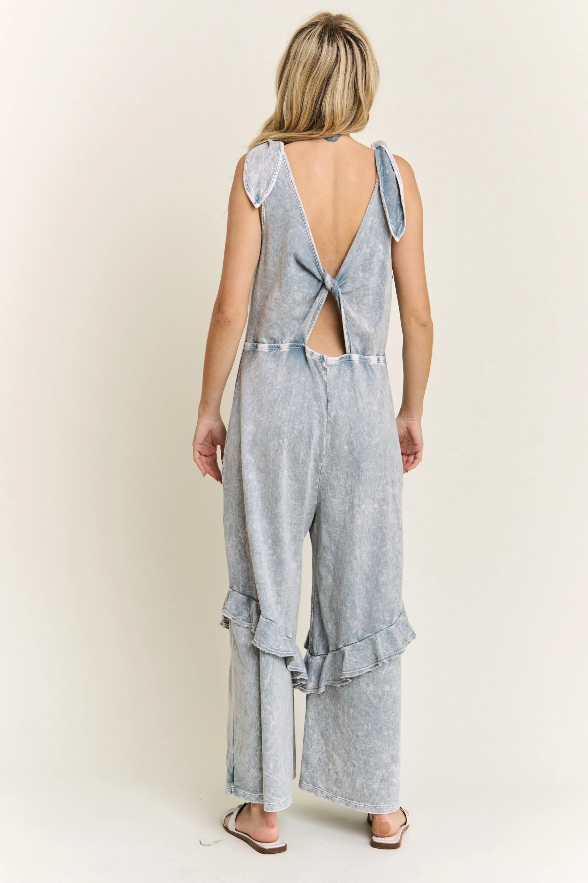 Mineral Wash Jumpsuit with Eyelet Pockets and Ruffles