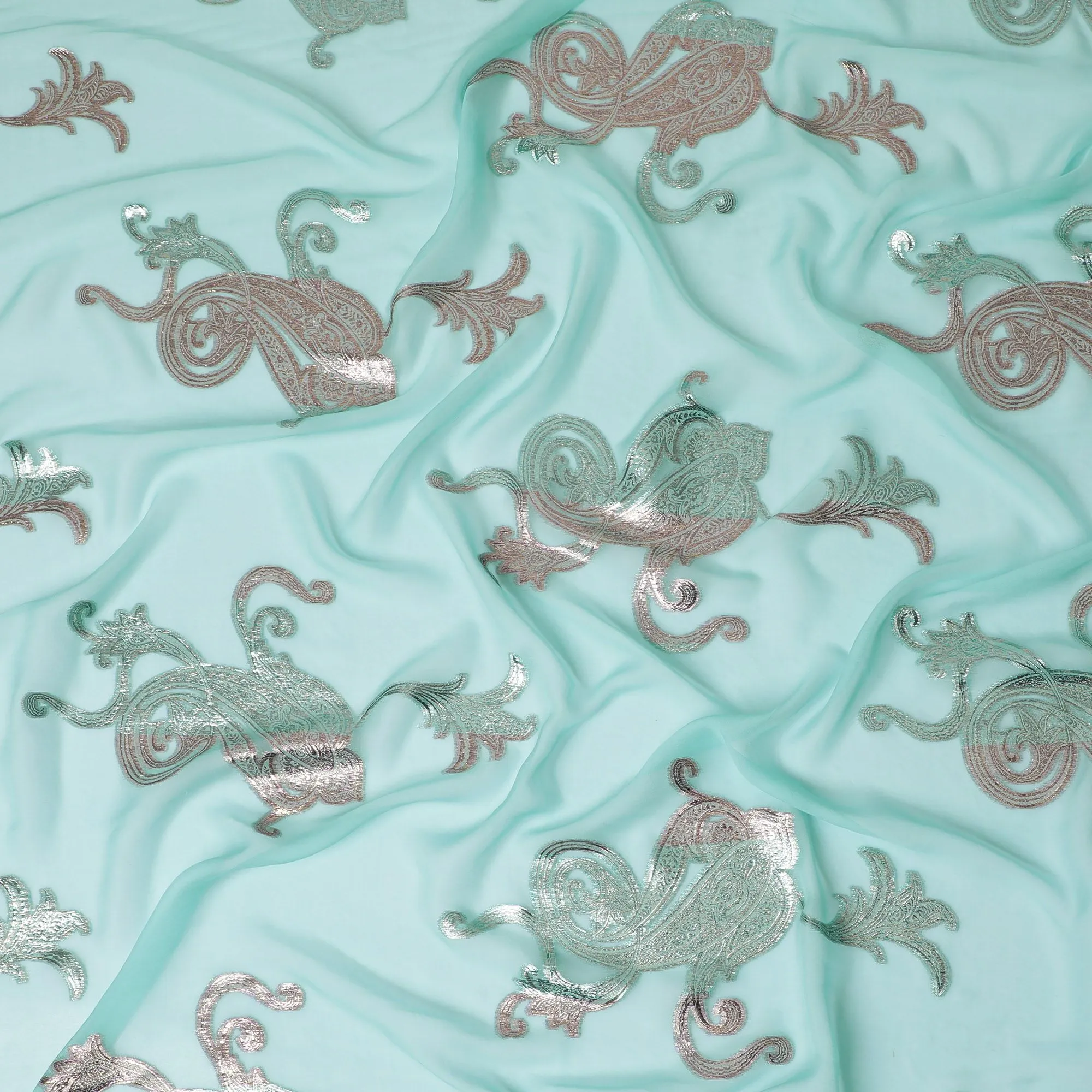 Mint Green Silk Chiffon with Silver Paisley Embroidery, 140cm - Luxurious South Korean Fabric-D17790