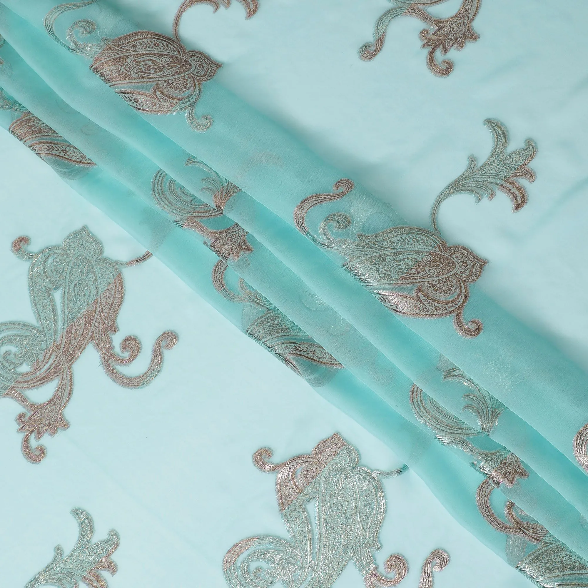Mint Green Silk Chiffon with Silver Paisley Embroidery, 140cm - Luxurious South Korean Fabric-D17790