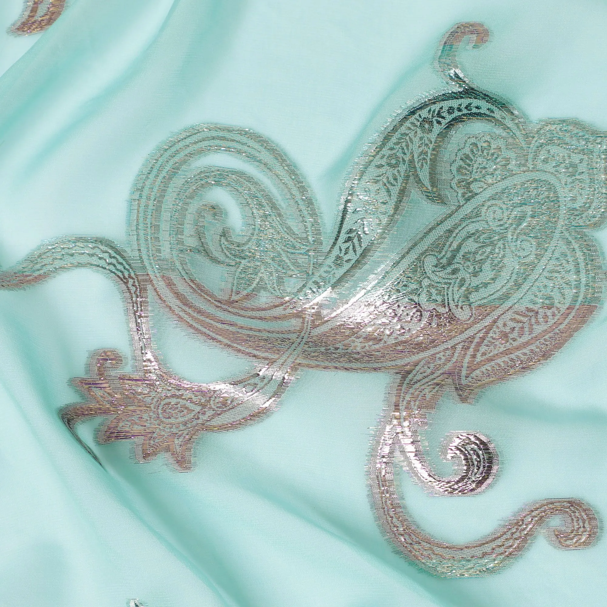 Mint Green Silk Chiffon with Silver Paisley Embroidery, 140cm - Luxurious South Korean Fabric-D17790