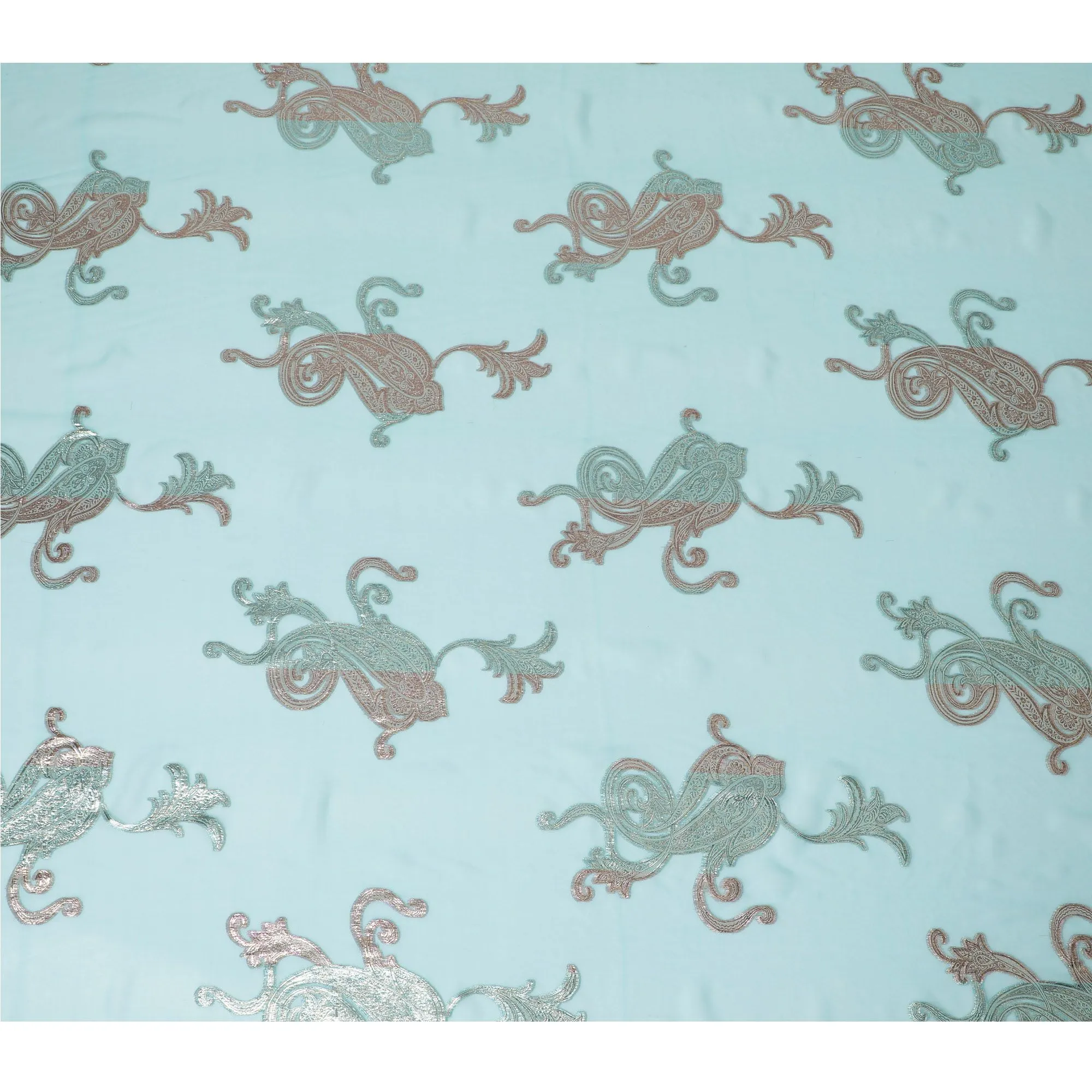 Mint Green Silk Chiffon with Silver Paisley Embroidery, 140cm - Luxurious South Korean Fabric-D17790