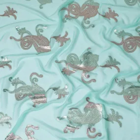 Mint Green Silk Chiffon with Silver Paisley Embroidery, 140cm - Luxurious South Korean Fabric-D17790