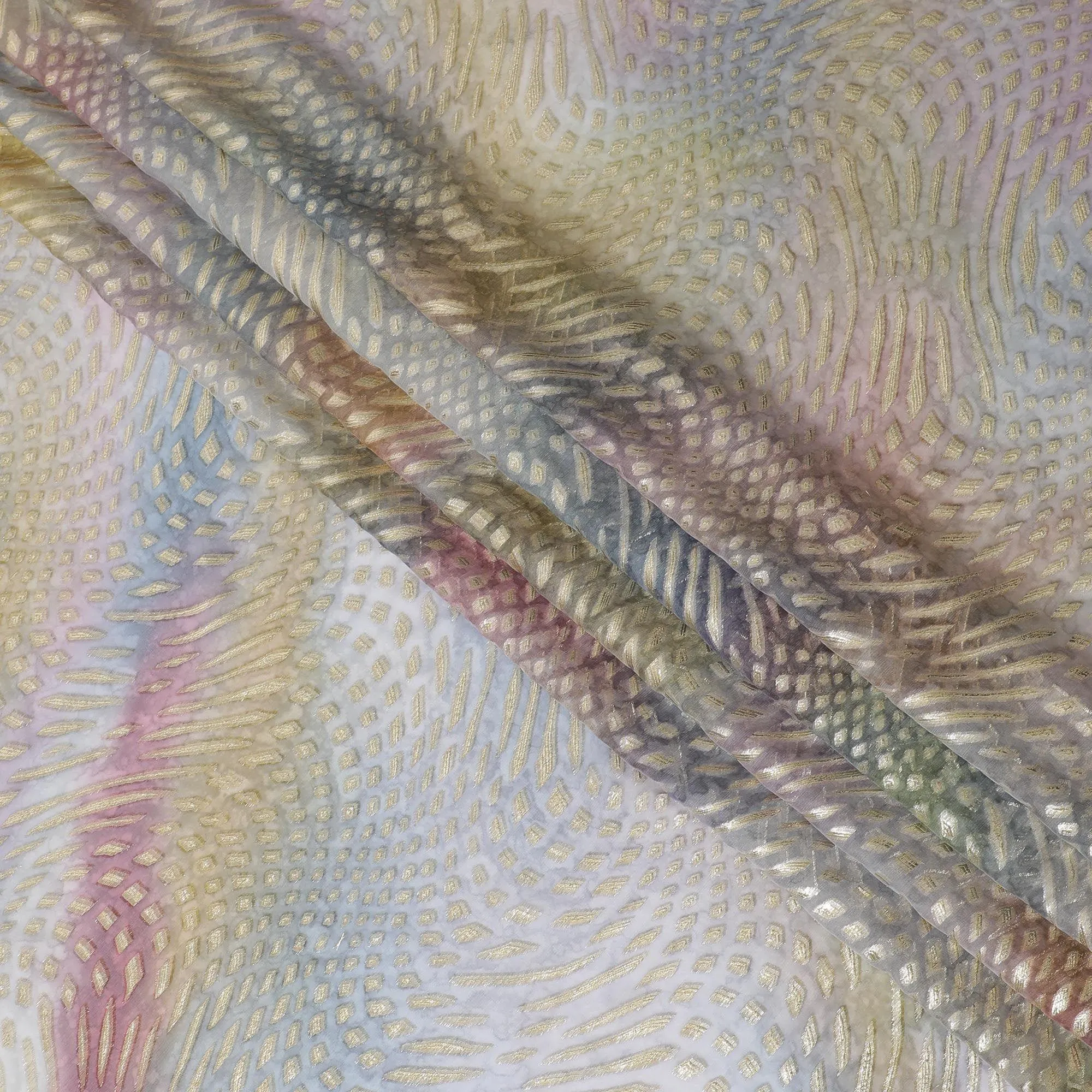 Multicolor Premium pure printed silk chiffon fabric with gold and silver metallic lurex in abstract design-D12427